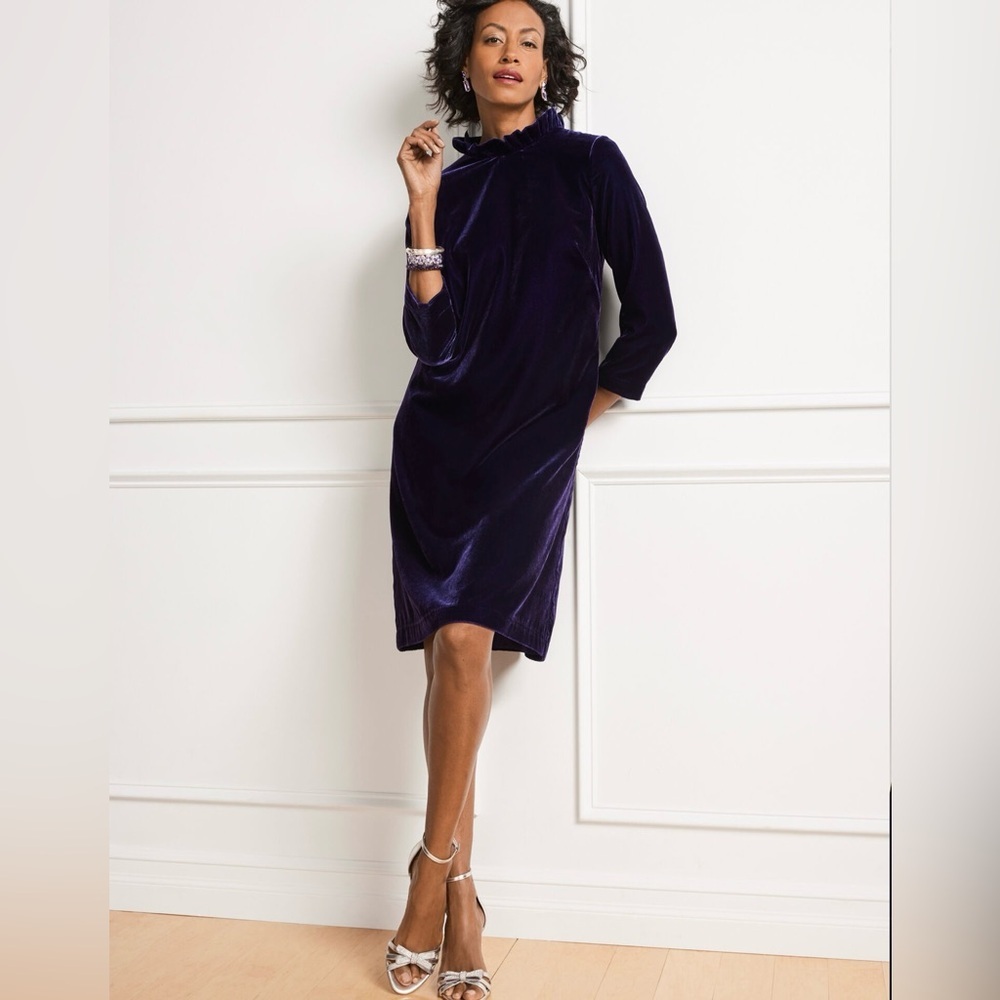 NWT Women’s Talbots Deep Purple Effortless Velvet Ruffle Neck Dress Size 8